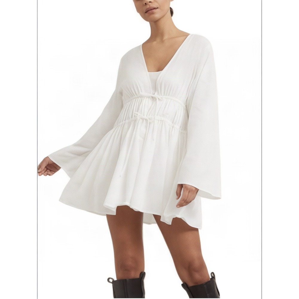 Modern Citizen Autumn Mini Dress | Organic Cotton | White | M | Tiered Babydoll